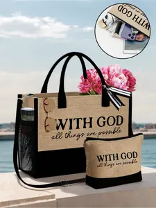 Khaki contrast tote bag with creative black letter print featuring inspirational & religious Jesus patterns, comes with matching makeup pouch. Trendy essential piece, ideal for Christmas, wedding and casual exchange gifts.
