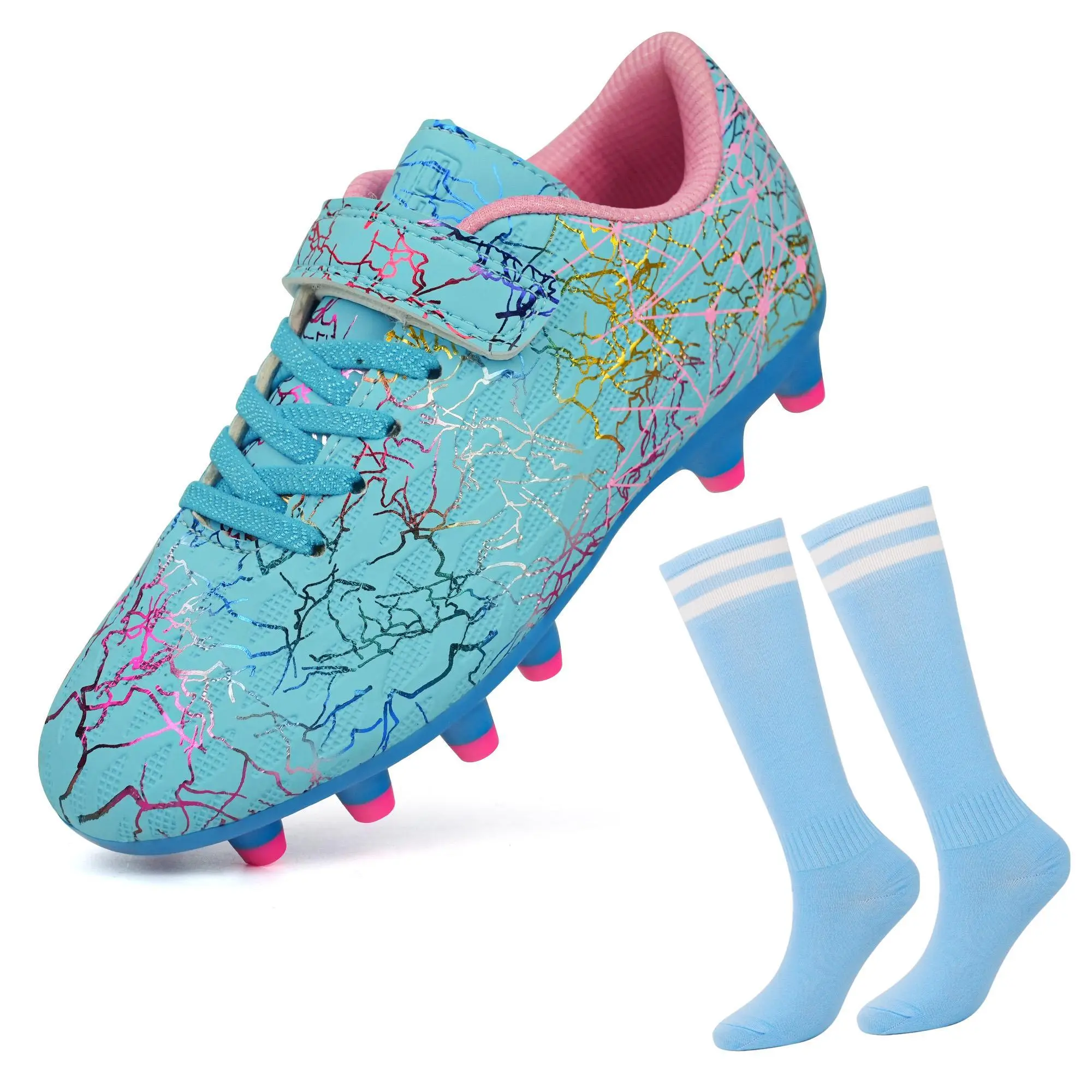 brooman Kids TurboBlast Synthetics Firm Ground Youth Soccer Shoes - Youth Football Cleats with Matching Socks for Boys and Girls, Soccer Socks, With Socks