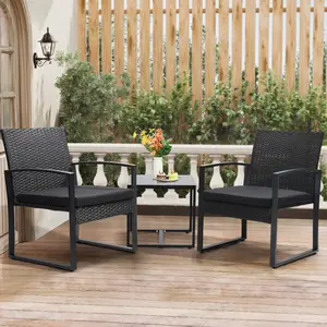 【Crazy Price】3-Piece Outdoor Furniture Set, 2 Waterproof Chairs and 1 Table Bistro Furniture Set, Clearance, Wicker Rattan Conversation Set, Thick Cushions with Safety Glass Table Top Black Cushion