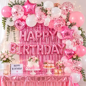 “Pink Birthday Party Set for Girls – Rose Gold Banner, Fringe Curtain, Heart & Star Balloons, Table Confetti, Foil Tablecloth Decoration”