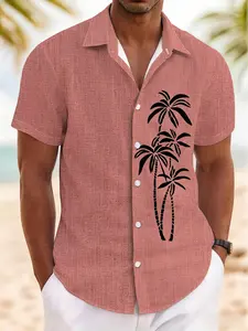 New Summer Men's Short Sleeve Shirt, Vintage Linen Texture Coconut Tree Print, Casual Breathable Beach Holiday Hawaiian Shirt