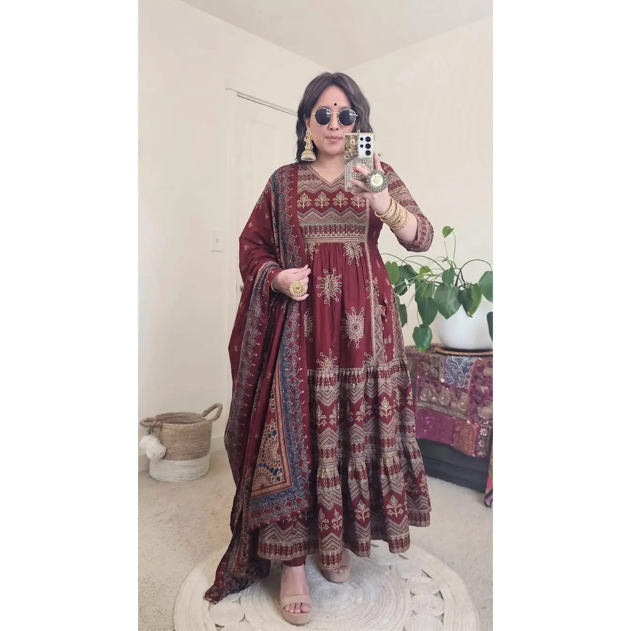 Anarkali Kurta Set for Women - Elegant Dark Maroon Printed Soft Cotton 3-Piece Indian Ethnic Partywear with Dupatta, 3 Piece Set, Breathable, Pants, Traditional Print, Dress, Ethnic Pattern Costume Sets