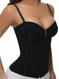 1 Count Elegant Golden Waterdrop Zipper & Inner Hook Closure Corset, 7 Flexible Support Bones Tummy Control Underwear, Comfortable Tight-Fit Solid Color Shaperwear Tops, Waist Trainer Girdle Adjustable Corset, Suitable For Daily, Sport, Yoga