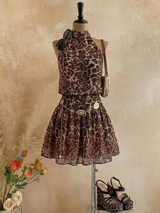 2026 Leopard Print Dress Animal Cheetah Dresses Summer Halter Tie Flowy Party Club Night Out Mini Dress