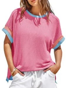 Women's Color Block Oversized Tops Trendy Casual Summer Textured Ribbed Knit T Shirts Loose Fit Short Sleeve Tshirts