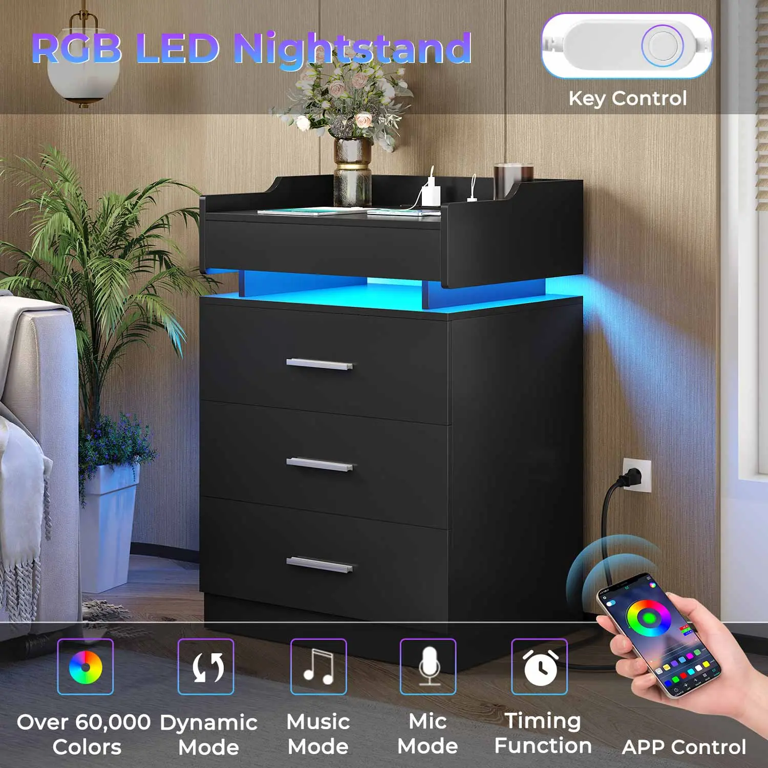 SIKAIC LED Modern Nightstand with Charging Station - Black Wood Bedroom Bedside Table, USB Ports, Charging Port, Ample Storage Space, Storage Cabinet
