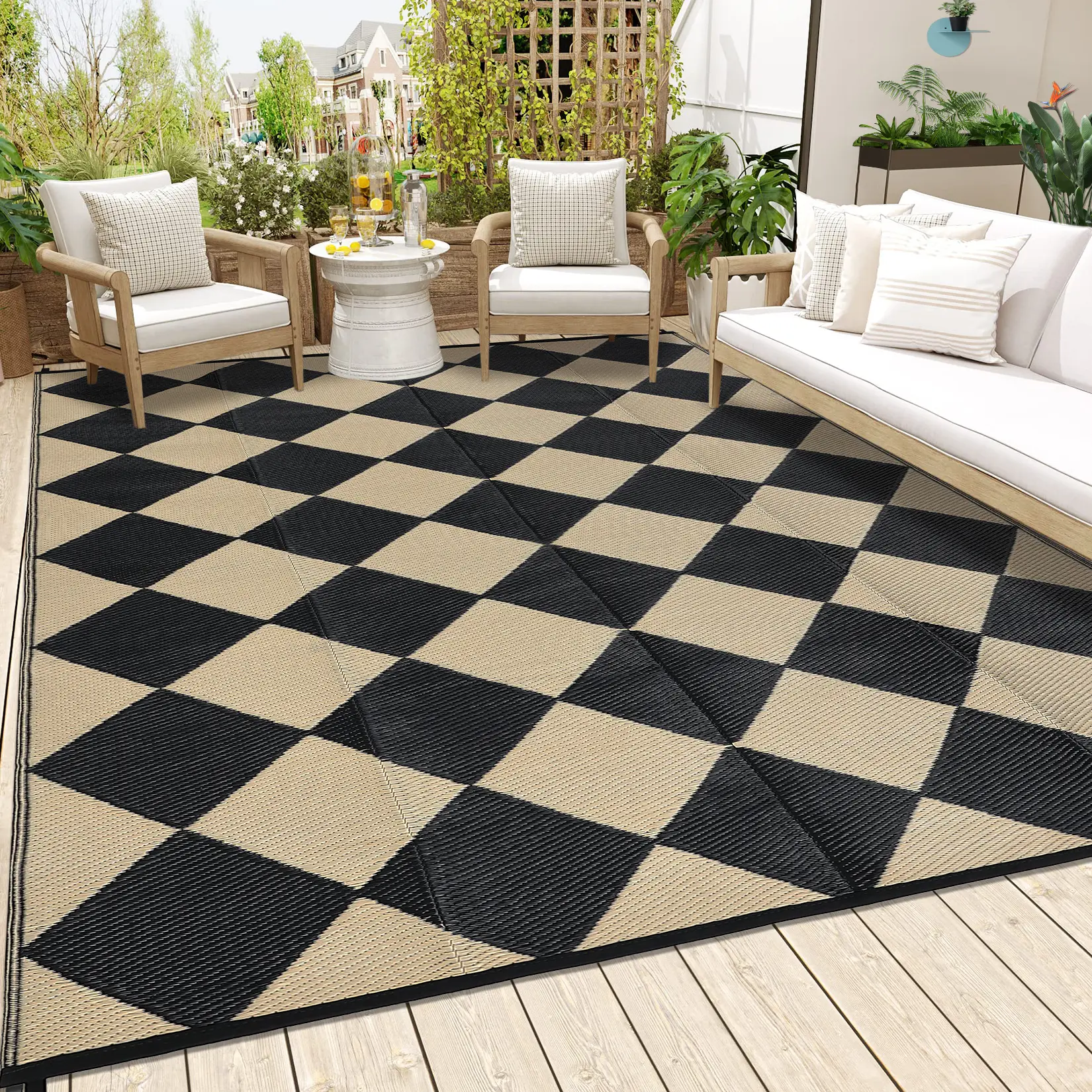 320GSM PP Tube Woven Outdoor Rug, Modern Large Diamond Grid Black & White Abstract Geometric Design Outdoor Mat for Deck, Balcony, Camping, Abstract Geometric Design Outdoor Mats