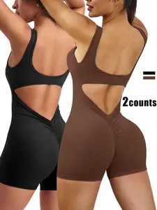 Women's Solid Backless Sports Tank Romper, Casual Sporty Sleeveless Jumpsuit for Yoga Gym Workout, Ladies Sportswear for All Seasons