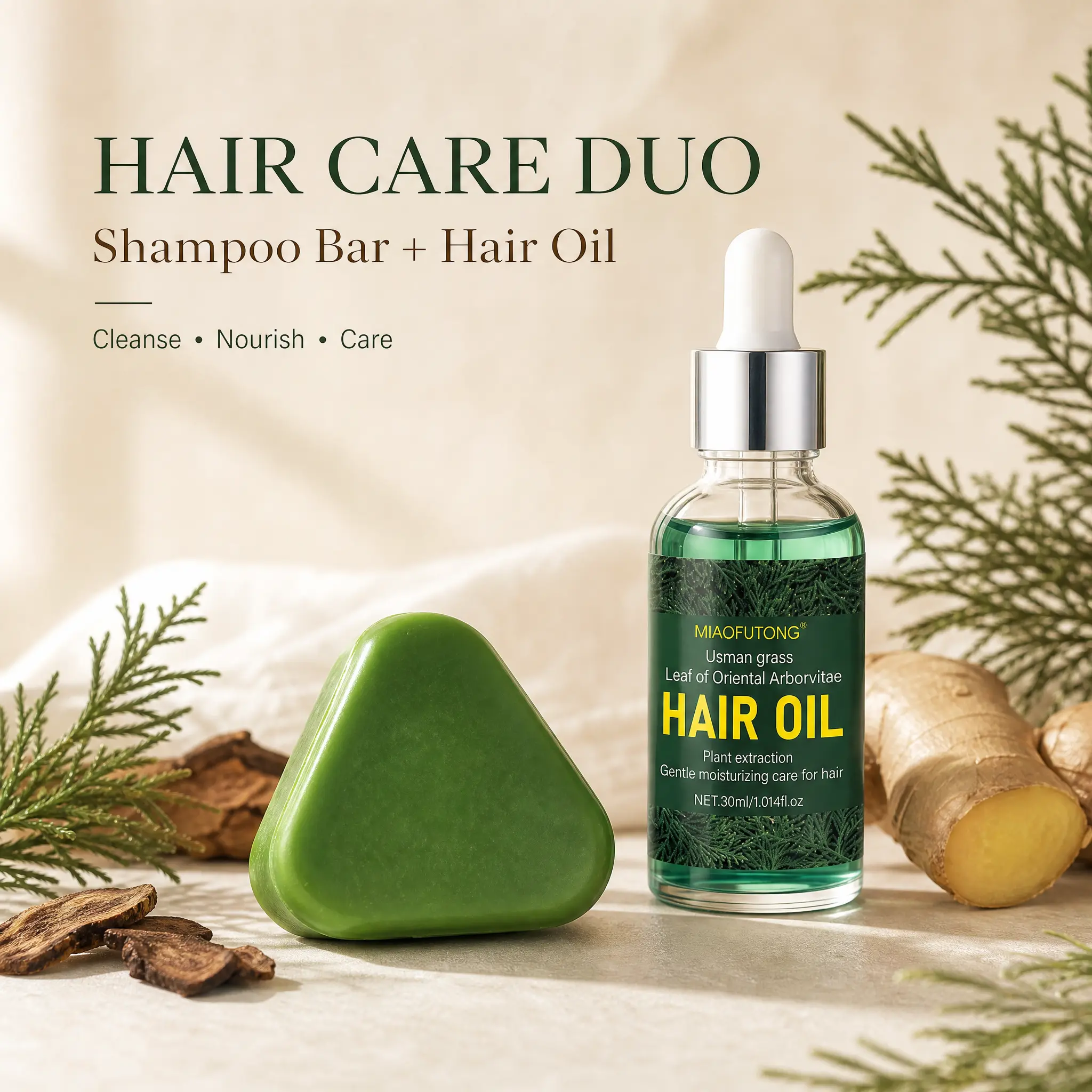 Arborvitae Leaf Hair Growth Care Set, Shampoo Bar + Hair Oil for Scalp & Root Care, Botanical Hair Care Routine for Fuller-Looking Hair
