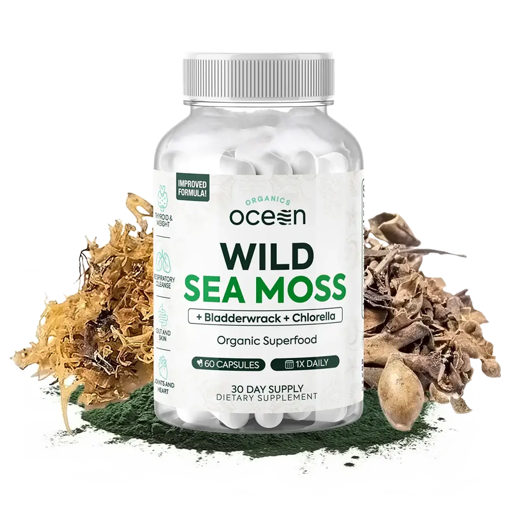 Organics Ocean Wild Sea Moss Capsules - 100% Organic Irish Sea Moss with Organic Chlorella, Bladderwrack and Vitamin D for Energy, Lung Health and Thyroid Support for Women and Men - 60 Capsules