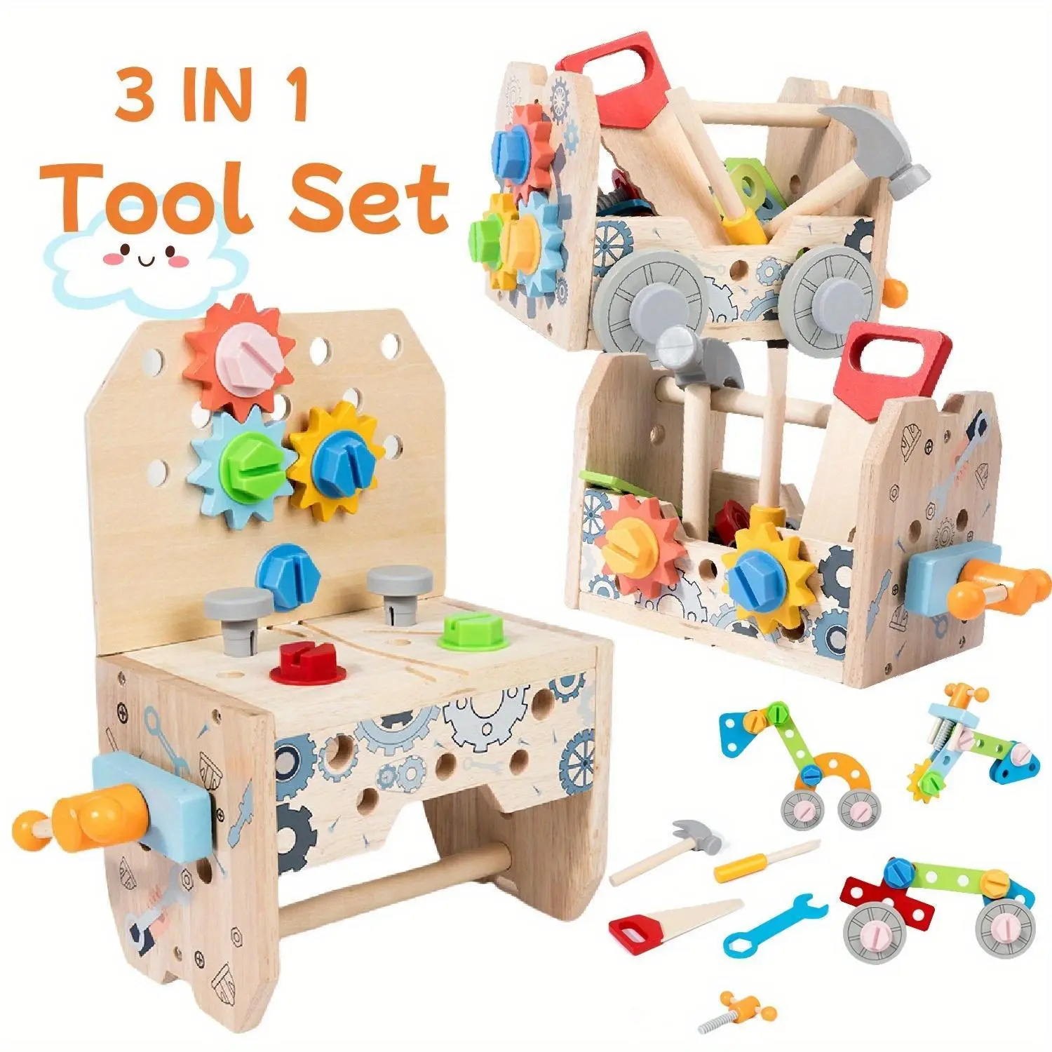 3-in-1 Wooden Tool Table & Tool Box 50-Pcs Multi Activity Playset, STEM Learning Pretend Construction Toy with Accessories for 3+ Year Old Toddlers, Valentine's Day Gift