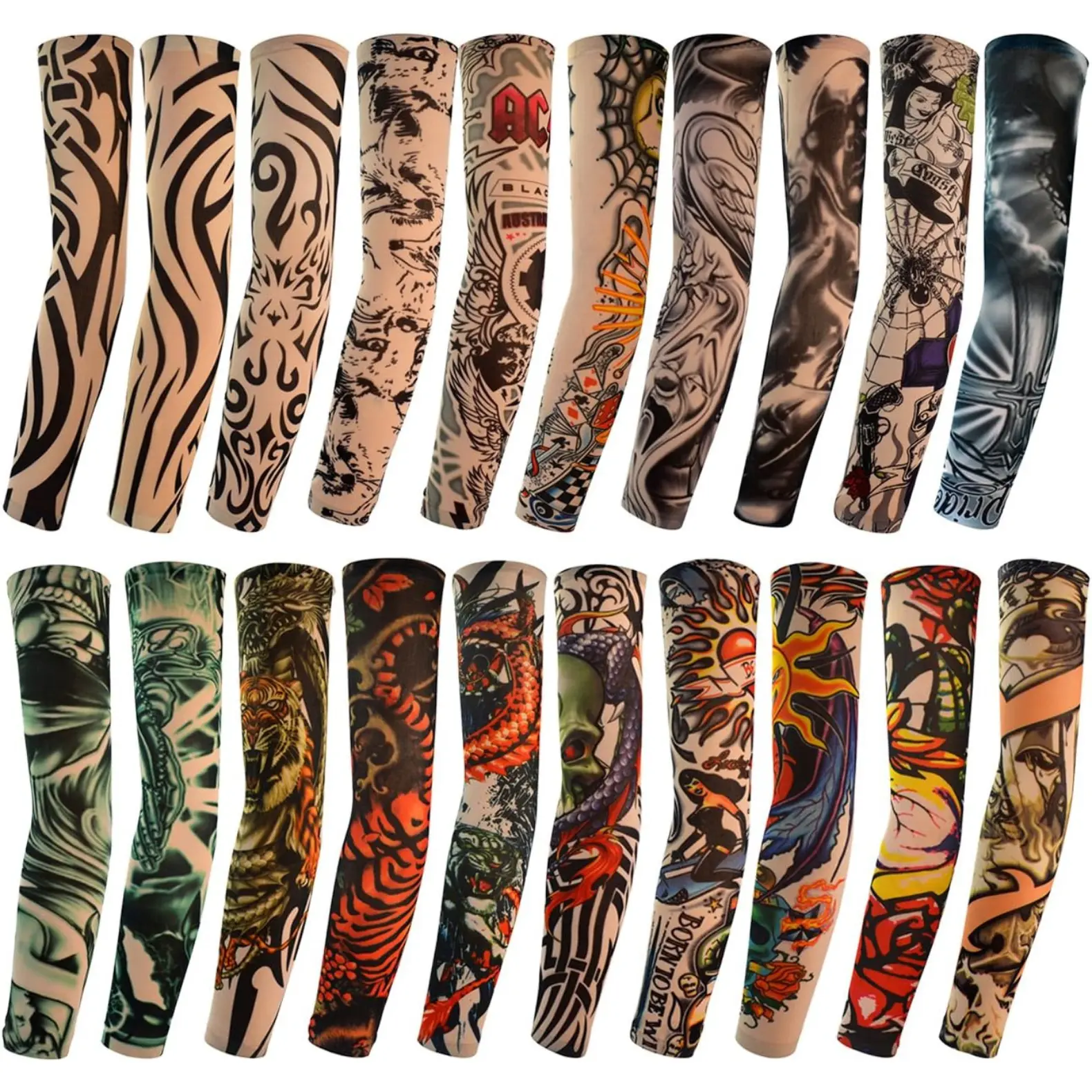 20-Pc Unisex Adult Nylon-Spandex Upper Arm Sports Sleeves & Support - Seamless Construction, Breathable, UV Protection, Fake Tattoo Prints, Pull-On, Stretchable, Lightweight Coverage, 1 Size (15.4×3.5in) for Sports, Outdoor Activities, Outdoor Sport