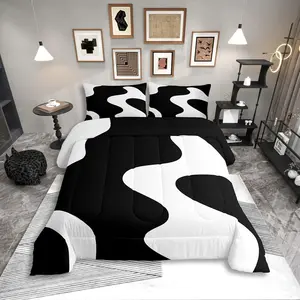 White and Black Abstract Bedding Set,for Adult Women Men Boho Geometric Striped Comforter Set,Minimalist Modern Art Quilt Duvet Set,Simple Aesthetic Modern Bed Collections