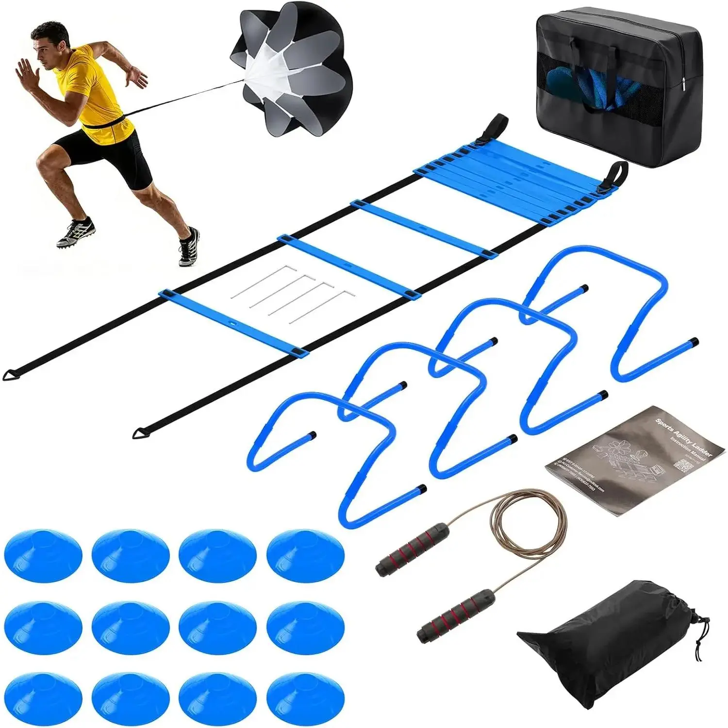 20FT Agility Speed Training Equipment Kit with 12-Rung Ladder 12 Cones 4 Hurdles Resistance Parachute and Jump Rope for Soccer Football Basketball Drills