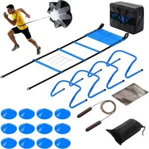20FT Agility Speed Training Equipment Kit with 12-Rung Ladder 12 Cones 4 Hurdles Resistance Parachute and Jump Rope for Soccer Football Basketball Drills