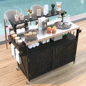 53.3" Outdoor Kitchen Island with Raised Shelf, Solid Wood Storage Cabinet with Stainless Steel Top, Outdoor Rolling Grill Cart with Internal Storage Rack, Adjustable Shelf, Spice Rack