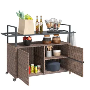 Outsunny PE Rattan Outdoor Storage Cabinet – Multi-Use Movable Double-Deck Bar Table Kitchen Island with Wheels, 2-Tier Shelf, Glass Top, Handles, Towel Racks for Patio, Poolside | Outdoor & Backyard Garden Accessories, Outdoor Garden Accessories