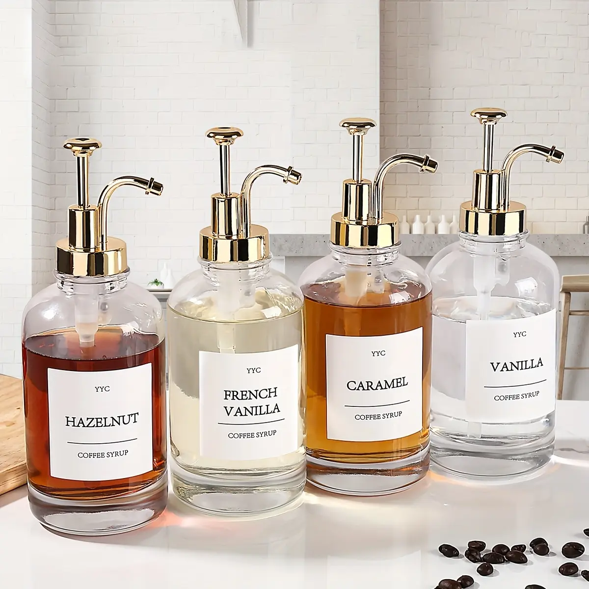 4pcs pump distributor, coffee bar accessories, syrup distributor with coffee, large-capacity syrup distributor, Coffee Syrup Dispenser, and syrup density control are essential for drinking coffee.
