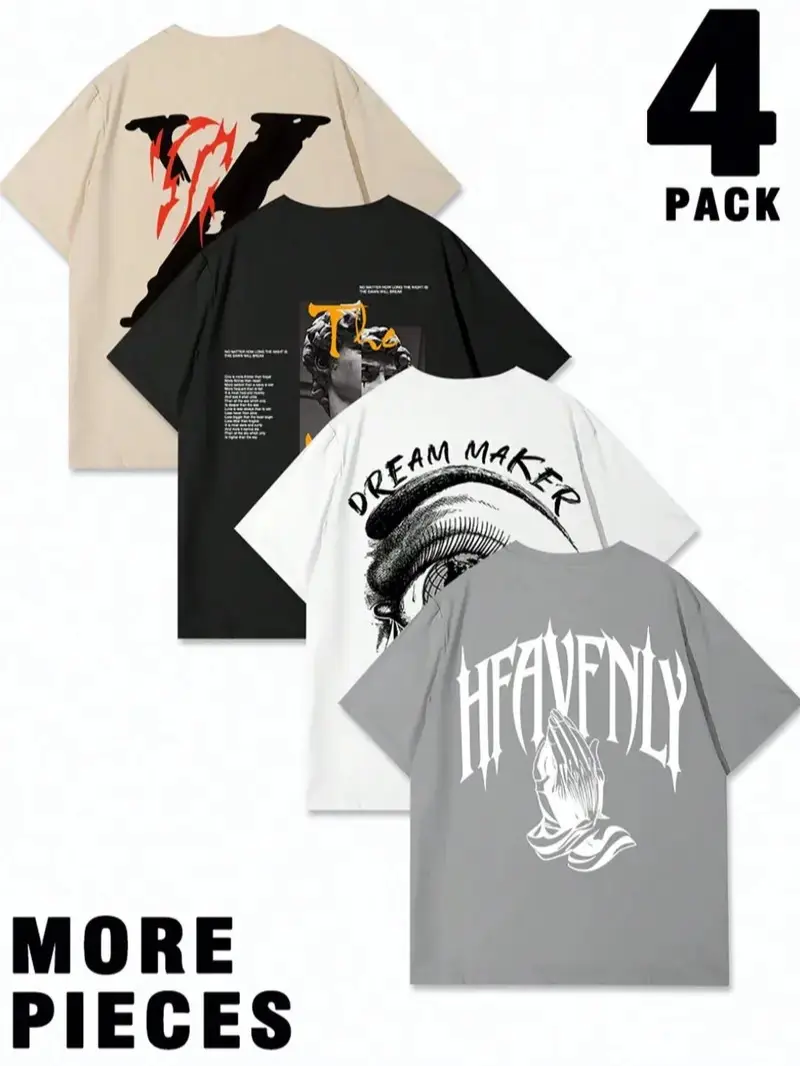 Men's 4-Pack Graphic T-Shirt Set, Shortsleeve Round Neck Casual Fit Streetwear Tops with Folded Hands Print, Lightweight Loose-Fitting Baggy Outdoors Menswear T-Shirts, Fashion Classic Jeans