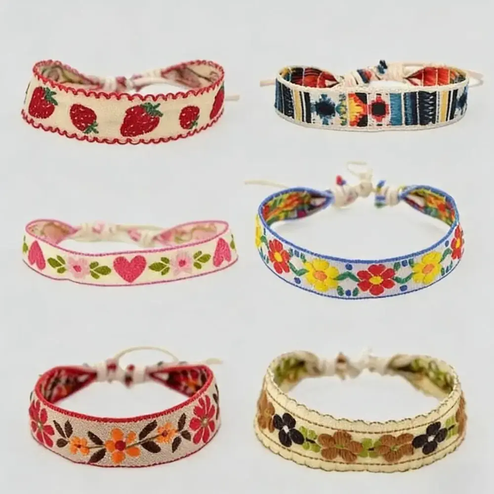 Boho Strawberry Flower Bracelet Handmade Braided Friendship Wrap Thread Woven Wristband for Kids Girls Embroidered Gift