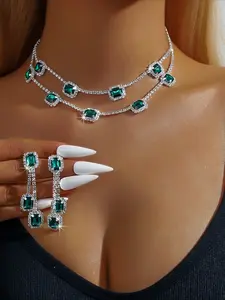 New Green Emerald Tassel Earrings Wedding Two-Piece Jewelry Set, Wedding, Valentine's Day Gift