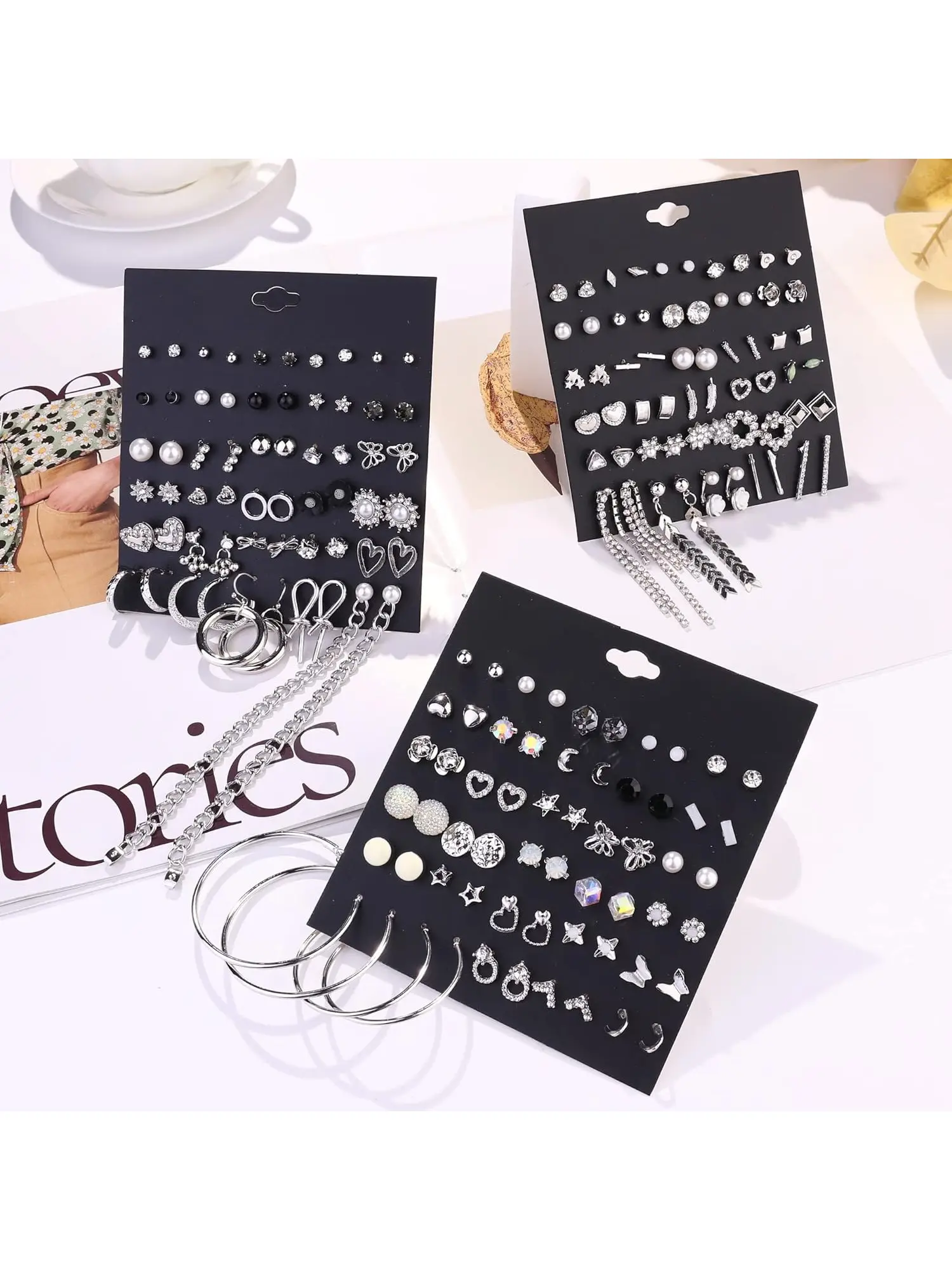 90 Pairs Stud Earrings Set for Women-Dainty Earrings Pack for Sensitive Ears-Hypoallergenic Post Earrings Stack Silver Flower Butterfly CZ Hoop Dangle Earrings Casual Trendy Jewelry Flat Pierced Jewelry Earring Stacking Set Studs Earrings