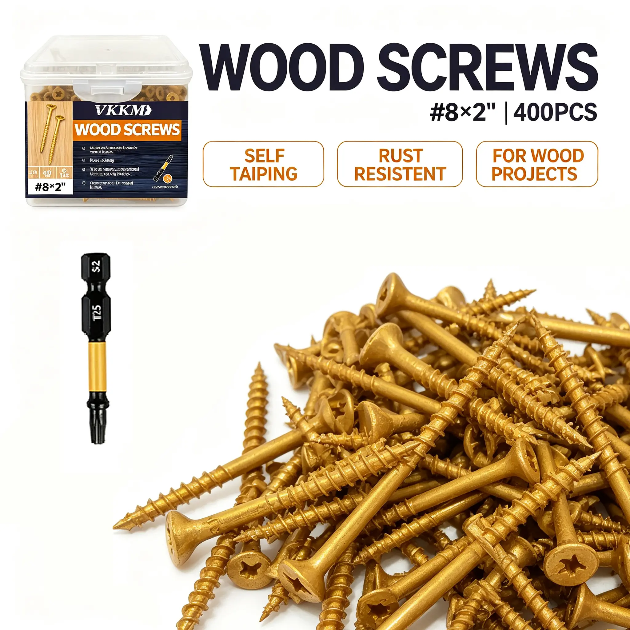 VKKM 400Pcs #8 x 2 Inch Deck Screws, T25 Star Drive Self-Tapping Exterior Wood Screws, Rust Resistant Carbon Steel Flat Head with Free T25 Bit for Outdoor Decking Fencing Treated Lumber