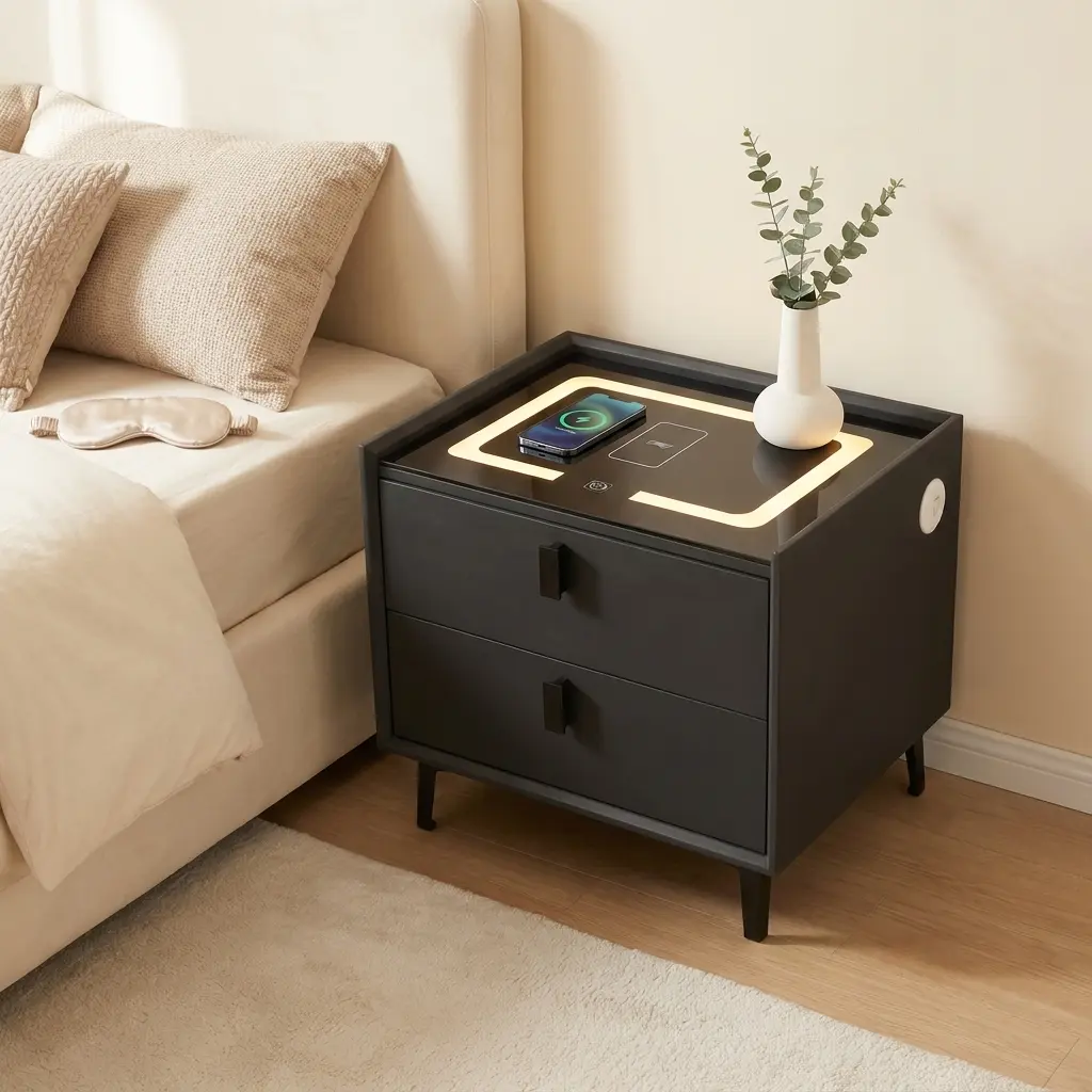 Smart LED Bedside Table with Dual Drawers, Wireless Charging Nightstand with Adjustable LED Lighting ,Smart Side Table for the Bedroom (Dark Gray, 2-Drawer Model)