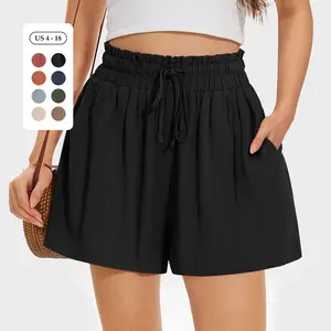 UEU Womens Linen Blend Pants Summer Wide Leg Casual Loose High Waist Drawstring Palazzo Capri with Pockets