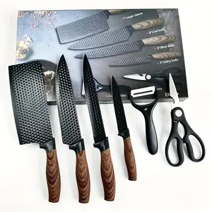 6-Piece Black Diamond Texture Kitchen Knife Set with Wooden Handle | Ultra Sharp Stainless Steel Chef Knives, Cleaver, Scissors & Peeler, Non-Stick Coating, Ideal for Home Cooking & Gifts