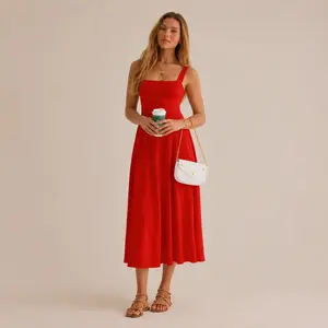 Women's Casual Sleeveless Square Neck A-Line Solid Slim Flowy Long Dress with Pockets & Back Tie Detail Design