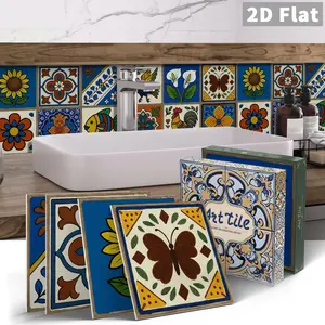 10Pcs/Box GST Mexican Folk Art Square PE Crystal Foam Tile Stickers Waterproof Oil-Proof Anti-Collision Home Decor for Kitchen Bathroom Ceiling Tiles Old Wooden Boards