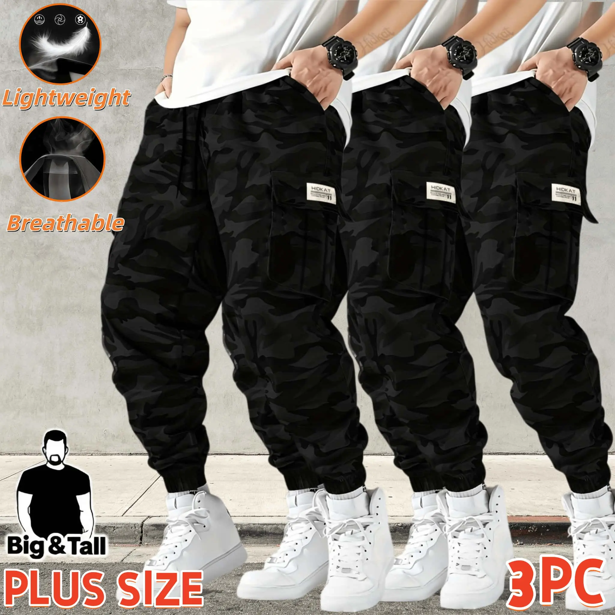 Large men's camouflage casual pants, large high waisted elastic drawstring jogging pants, lightweight and breathable camouflage jogging pants, multi pocket casual street pants, suitable for daily outdoor exercise for tall people
