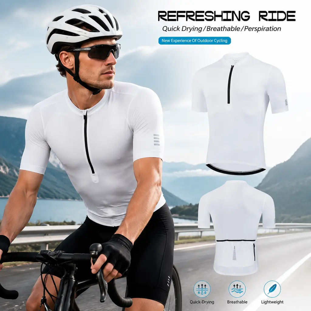 Men's Cycling Jersey, Short-Sleeve Half-Zip Athletic Top, Breathable & Quick-Drying Training Shirt with Rear Pocket for Road Cycling, Athletic Active Tops, Breathable Athletic Top