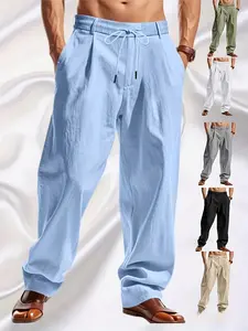 Men's lightweight linen straight-leg pants, Casual loose pants - Elastic drawstring belt and button design, breathable and suitable for all seasons, ideal for outdoor running, hiking, party outfits - Comfortable loose H-shaped cut, machine washable