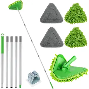 Triangle Mop Wall Cleaner with 82'' Long Handle, Wall Scrubber Cleaning Tool with 4 Microfiber Chenille Duster Pads for Walls Ceiling Windows Baseboards Floors (Green, 4 Pads)