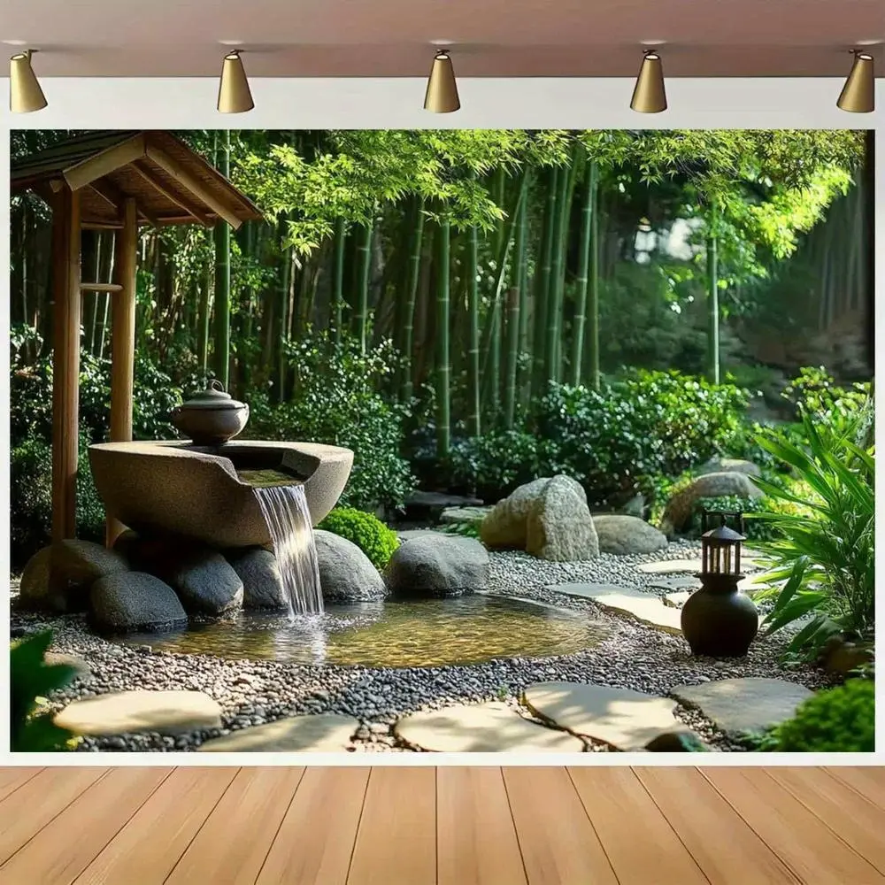 1pc Japanese Garden Backdrop - Bamboo, Pebble Stream, Waterfall, Stone-like Pebbles, Garden Accessories - All-Season Indoor Zen Accent, Backyard Decor, Wedding Ornament, Backdrop Decor, One-Piece