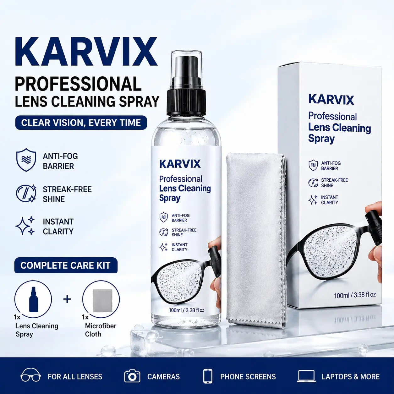 Lens Cleaner Spray Kit with Microfiber Cleaning Cloth for Eyeglasses Camera Screens Streak-Free Anti Fog Barrier Alcohol Free for Clear Vision 100ml