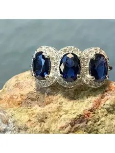 Blue cubic zirconia engagement ring, three stone ring, oval birthstone wedding ring, blue promise jewelry gift, Vintage promise rings