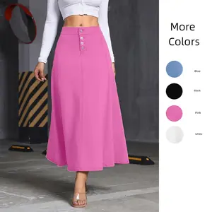 JUNBAOSS Women's Casual Stretch Mid Rise Long Denim Skirt Women Button Down Mid-Length Streetwear Denim A-Line Skirt