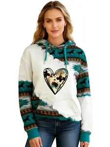 Boho Western Hooded Sweatshirt for Women – Aztec Tribal Print, Long Sleeve Drawstring Hoodie Vintage-Inspired Color Block Design in Teal & Neutral Tones, Soft and Comfortable Fabric for All-Day Wear