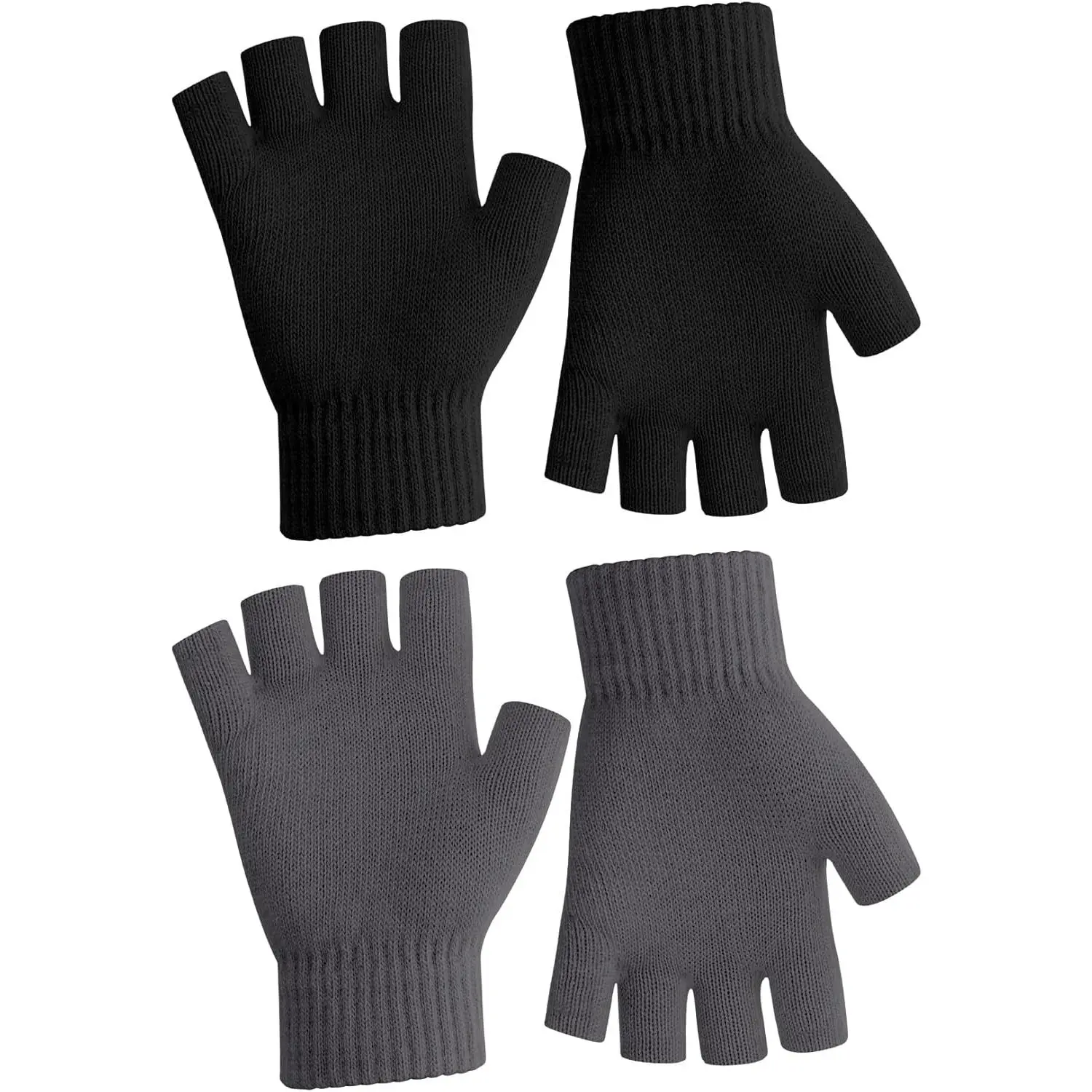 Black Fingerless Gloves for Women & Men - Warm Knitted Half-Finger Gloves for Typing, Black Gloves