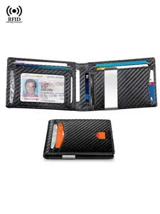 Carbon Fiber Wallet Men Rfid Protection, Rfid Protected Wallet, Slim Credit Card Holder Minimalist Small Black Bi-fold with Money Clip & ID Window, Gift for Boyfriend & Valentine's Day