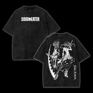 Soul Eater Anime Inspired Short Sleeve, Maka & Soul Niche Y2K Retro Style Unisex Heavyweight Washed T-Shirt, Exclusive Gift for Anime Fans, Gothic Soul Hunter Printed Tee, Versatile Streetwear for Daily Outdoor Wear