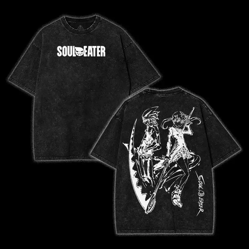 Soul Eater Anime Inspired Short Sleeve, Maka & Soul Niche Y2K Retro Style Unisex Heavyweight Washed T-Shirt, Exclusive Gift for Anime Fans, Gothic Soul Hunter Printed Tee, Versatile Streetwear for Daily Outdoor Wear