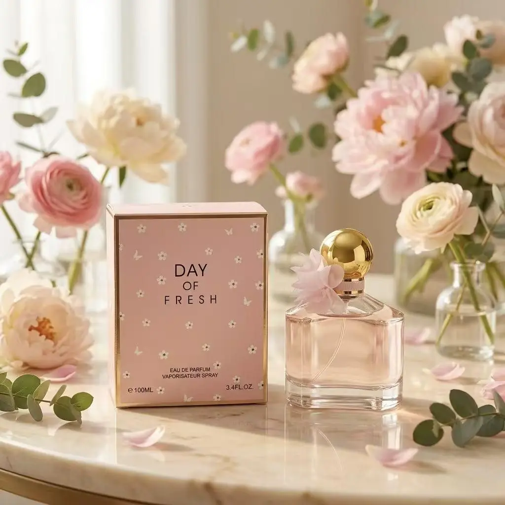 DAY OF FRESH Eau de Parfum for Women - 100mL (3.4 FL.OZ.) - Sweet Floral Fragrance Spray with Ribbon Flower Accent, Perfect Gift for Her Charming & Delicate Pink Floral Eau de Parfum  Feminine Floral Scent with Gold Cap and Pink Fabric Flower Decor