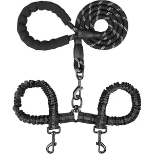 &Double Dog Leash, Dual Dog Leash, 360 Swivel Tangle Free Bungee Walking Training For Large Medium Dogs, Shock Absorbing Bungee Reflective For Two Dogs