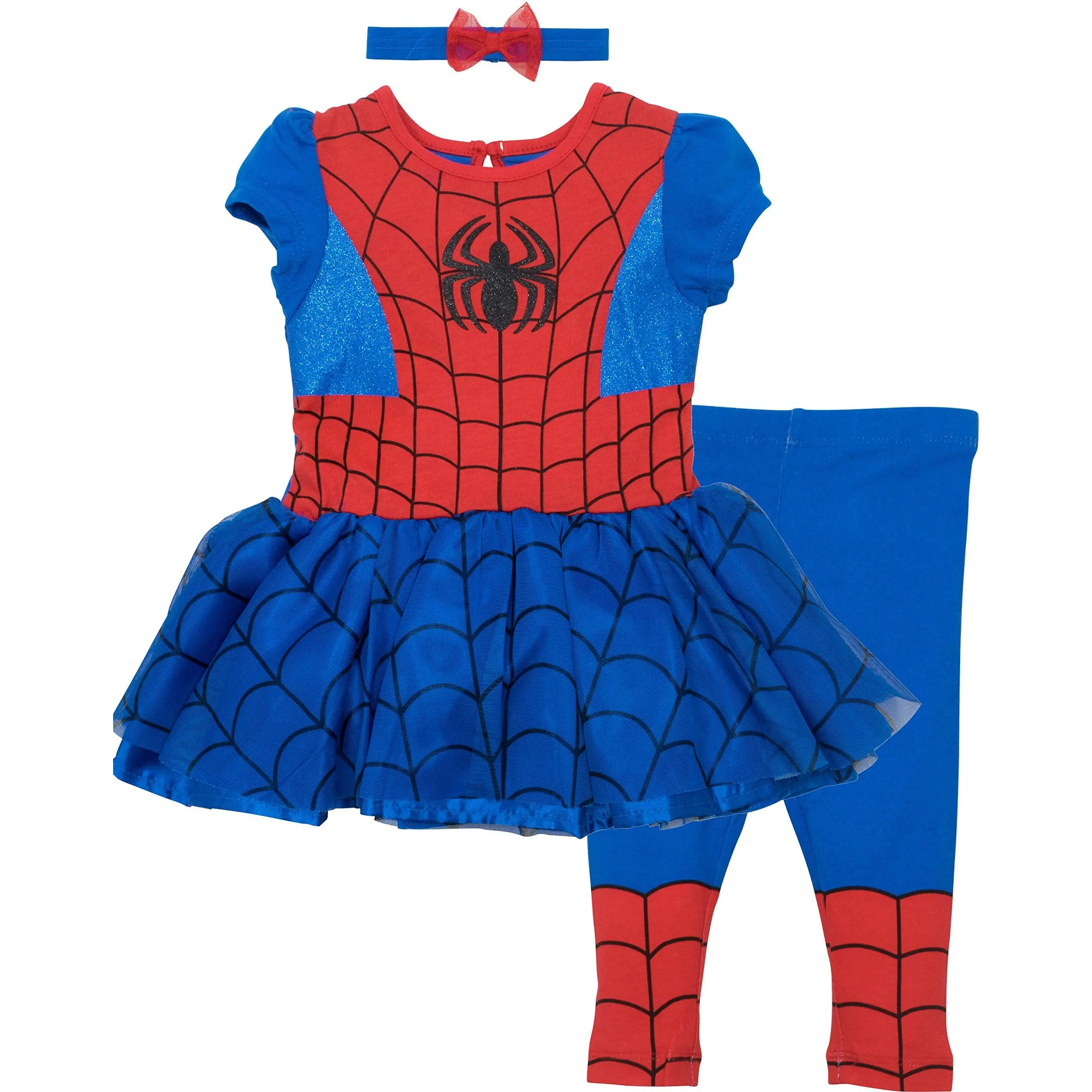 Marvel Spider-Man Girls' Costume Glitter Tutu Gown and Printed Tights Outfit Red Blue Toddler to Little Kid
