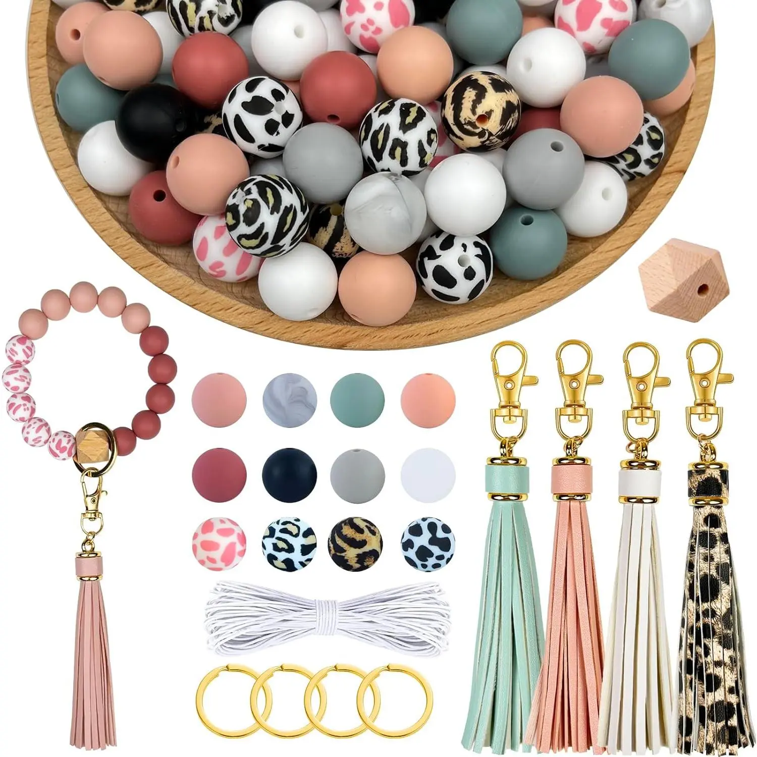 15mm Rubber Beads Making Crafting Kit (100 Count) - Wooden Bead Mix, 26 Long Elastic Strings, 4 Faux Leather Tassels, Key Rings for Bracelets, Lanyards, Pens, Beginners