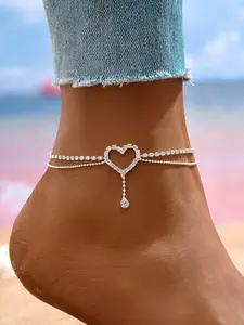 Women Heart Rhinestone Anklet Jewelry, Fashionable Layered Design, Perfect Birthday Gift, All-Season Accessory